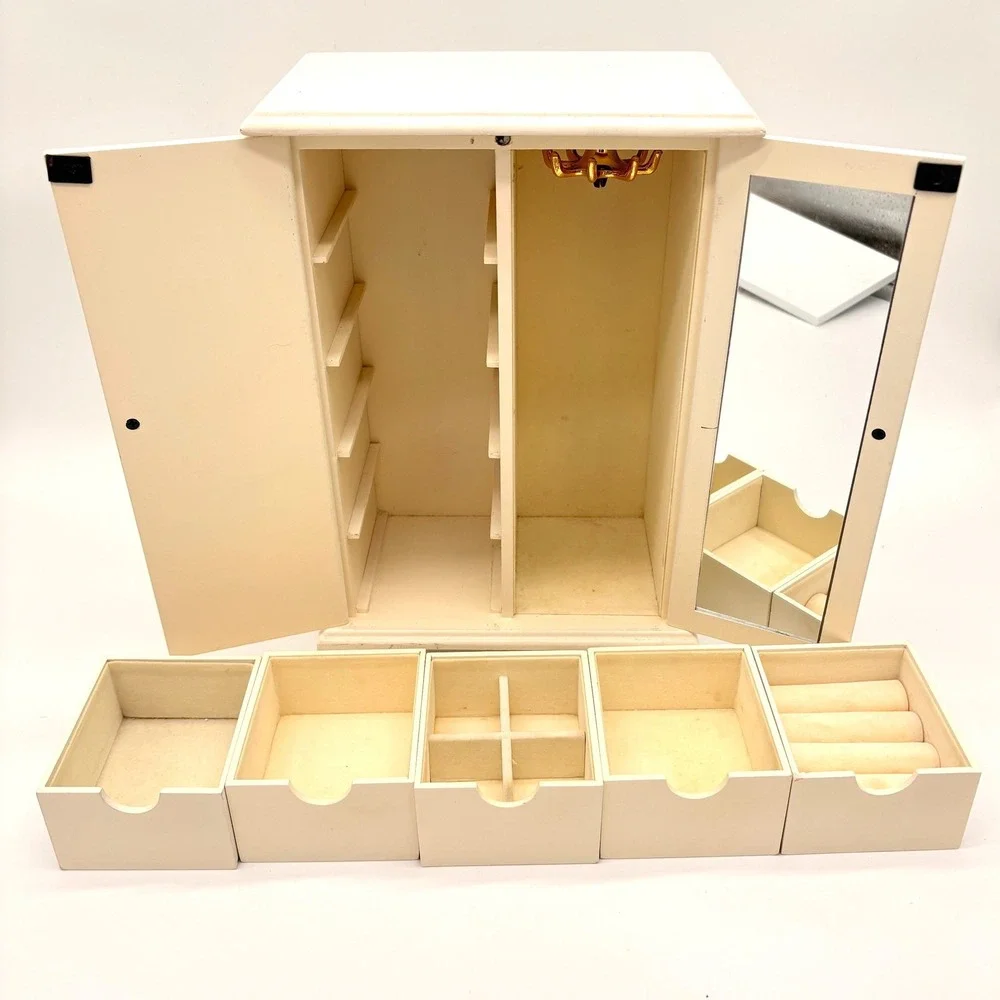 Vintage Shabby Chic White Floral Jewelry Armoire Rose Trinket Box Organizer